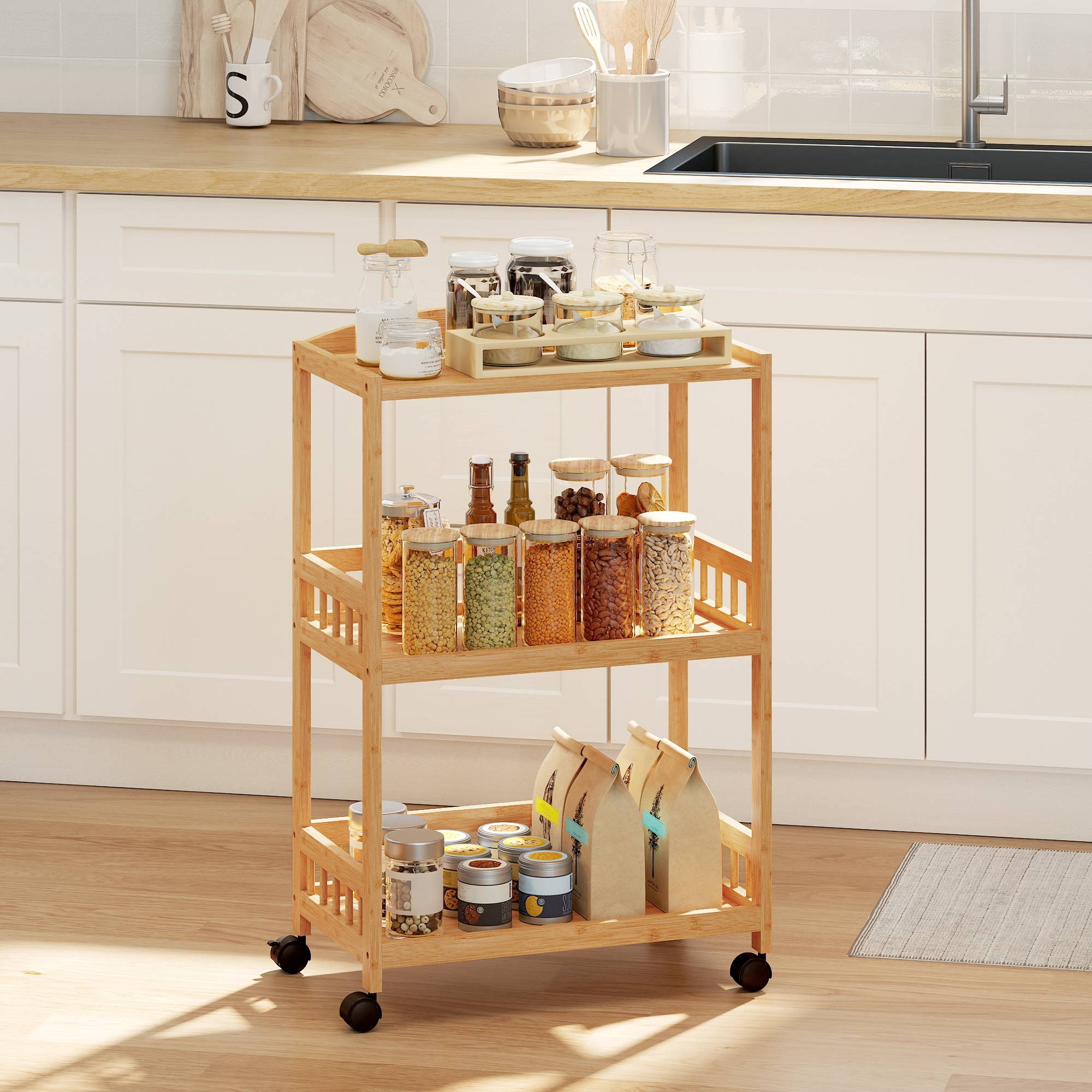 Chariot de cuisine à 3 niveaux, desserte à roulettes en bambou pour chambre, salon, bureau, 53x30,5x83cm, bois naturel - Image 4