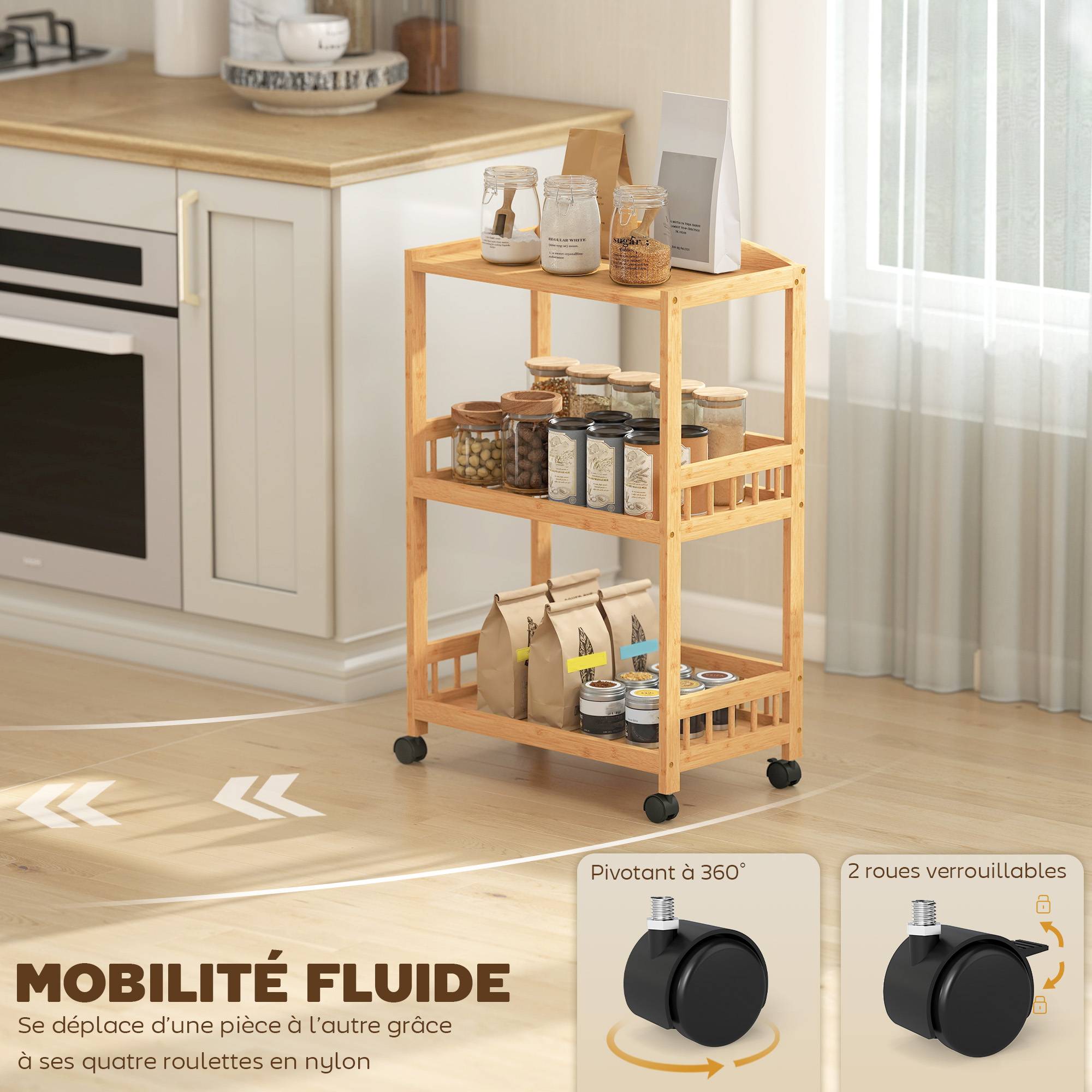 Chariot de cuisine à 3 niveaux, desserte à roulettes en bambou pour chambre, salon, bureau, 53x30,5x83cm, bois naturel - Image 7