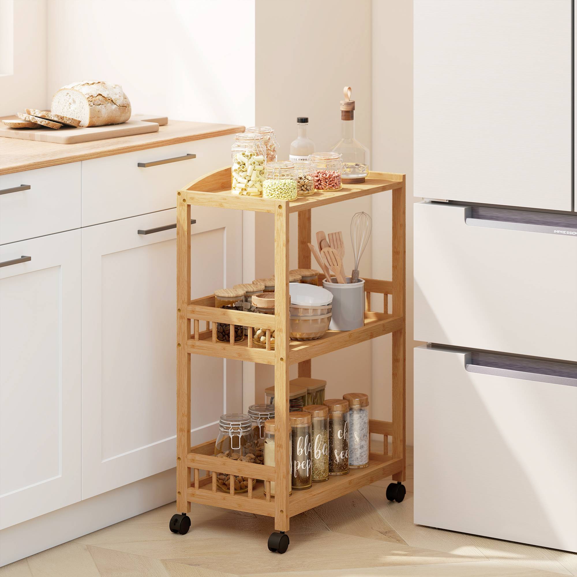 Chariot de cuisine à 3 niveaux, desserte à roulettes en bambou pour chambre, salon, bureau, 53x30,5x83cm, bois naturel - Image 3