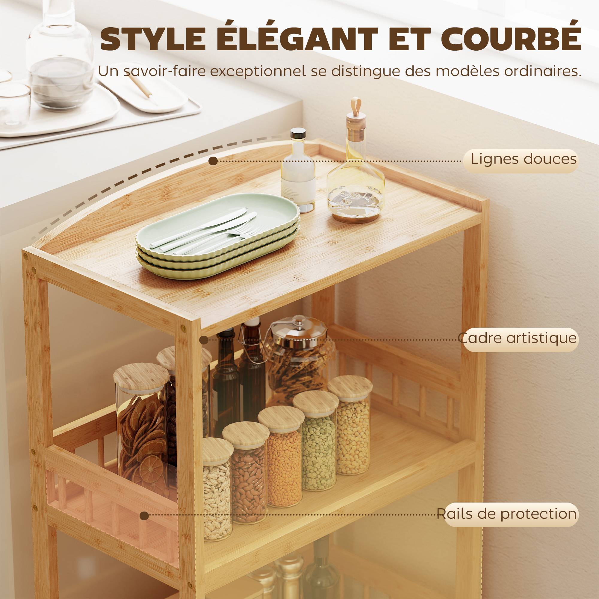 Chariot de cuisine à 3 niveaux, desserte à roulettes en bambou pour chambre, salon, bureau, 53x30,5x83cm, bois naturel - Image 9