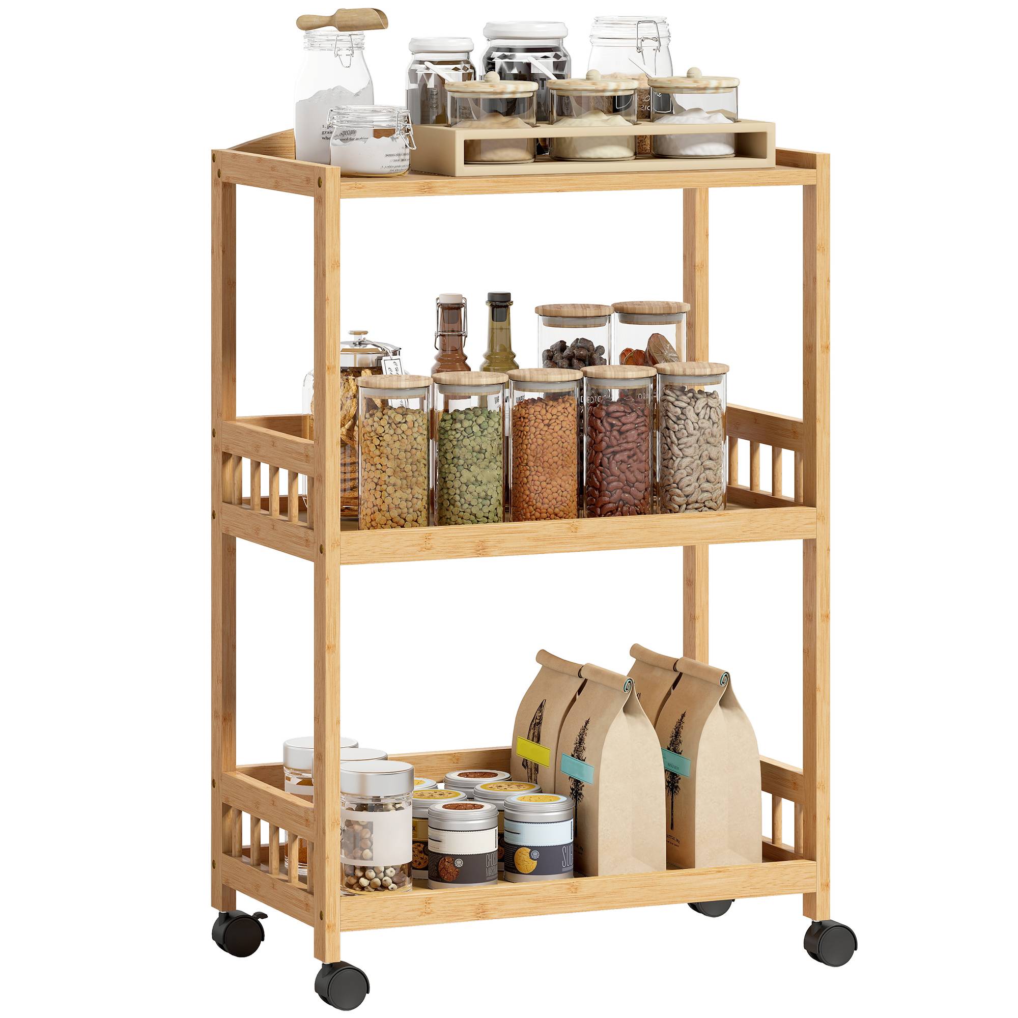 Chariot de cuisine à 3 niveaux, desserte à roulettes en bambou pour chambre, salon, bureau, 53x30,5x83cm, bois naturel - Image 1
