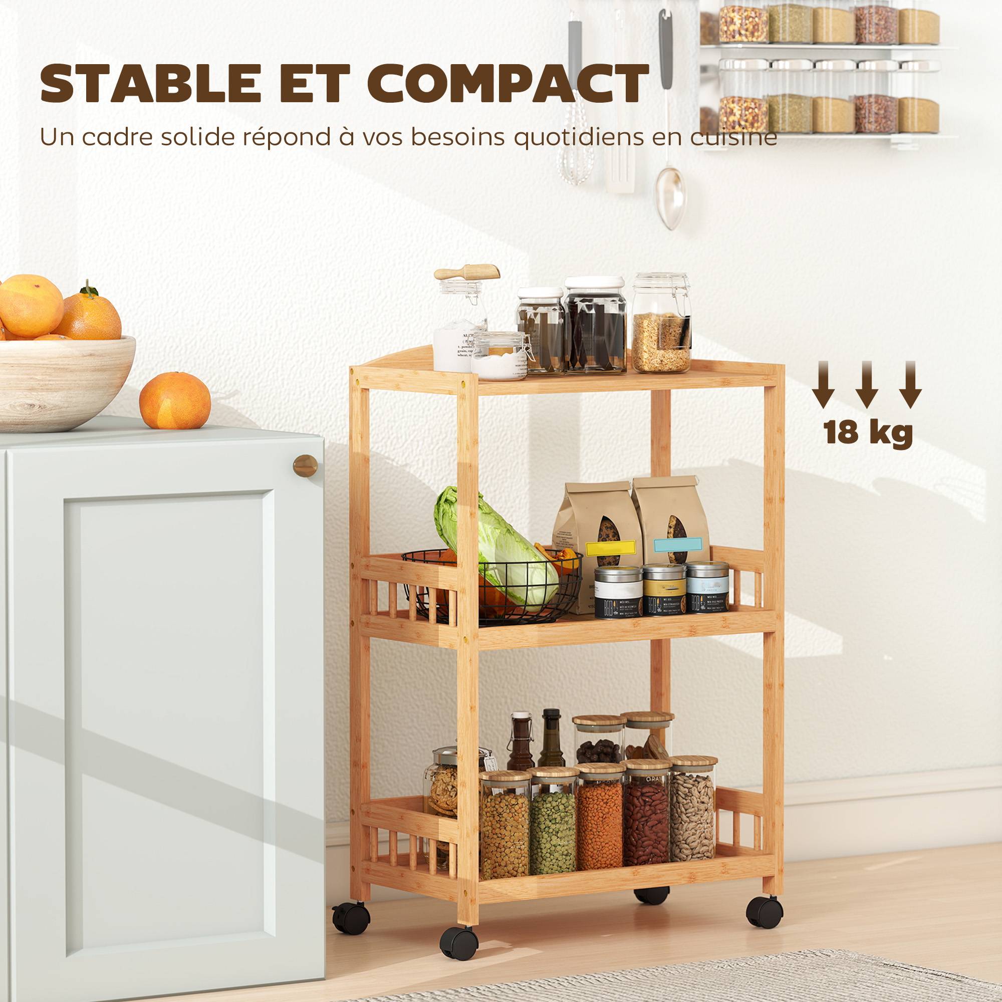 Chariot de cuisine à 3 niveaux, desserte à roulettes en bambou pour chambre, salon, bureau, 53x30,5x83cm, bois naturel - Image 10