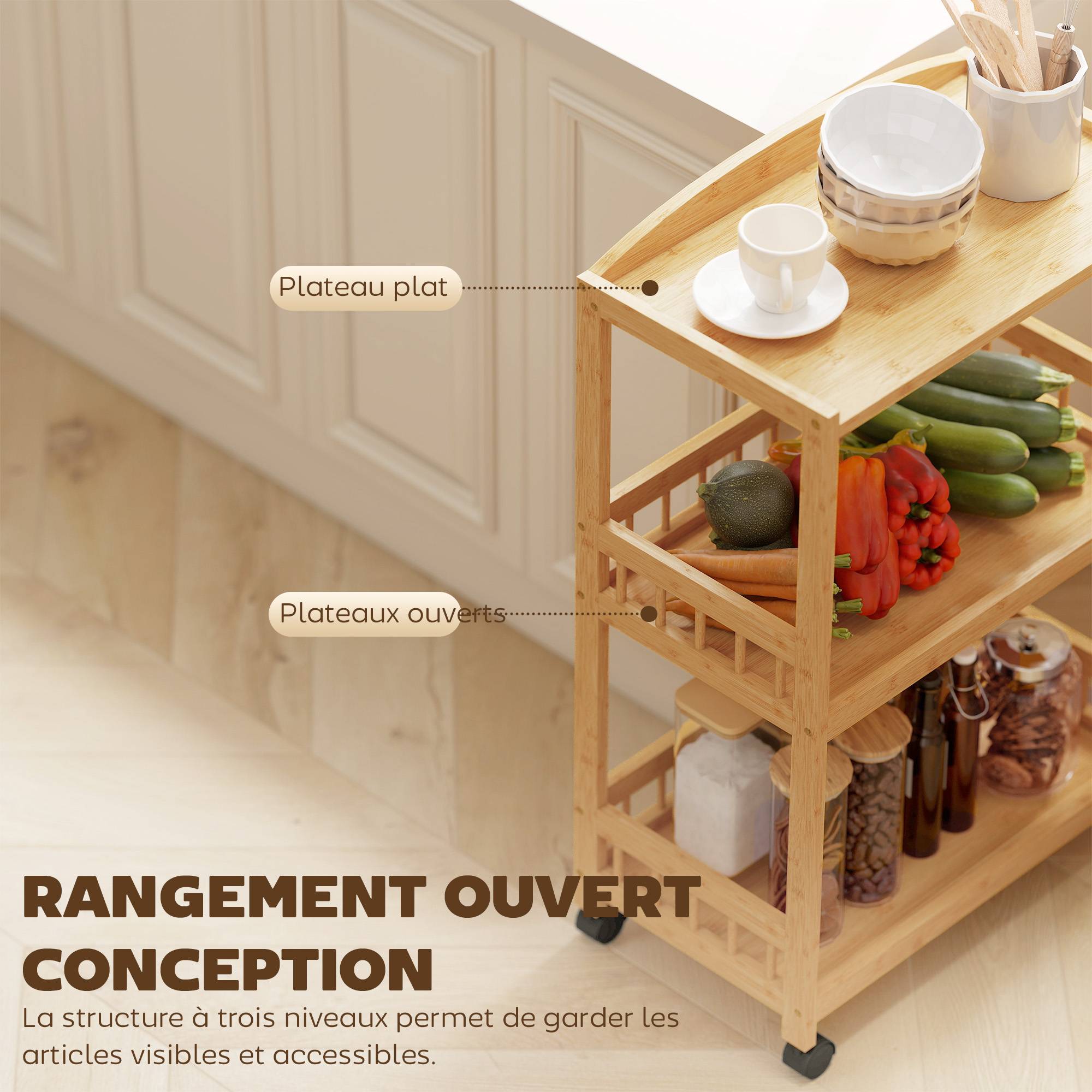 Chariot de cuisine à 3 niveaux, desserte à roulettes en bambou pour chambre, salon, bureau, 53x30,5x83cm, bois naturel - Image 6