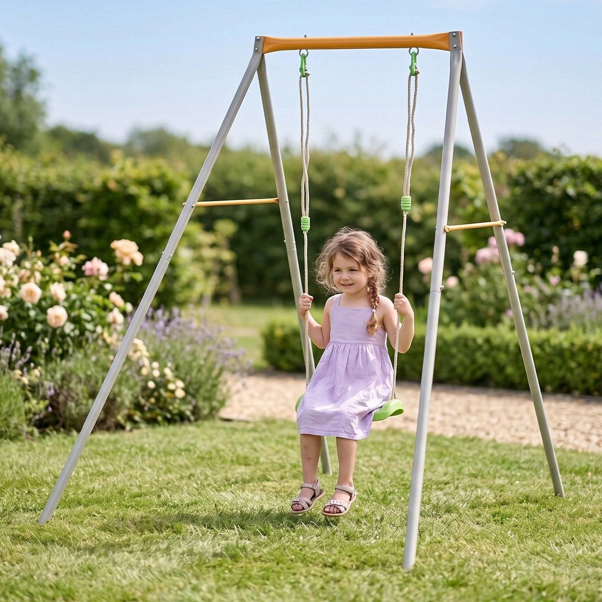 Balancelle métal TRIGANO 1 enfant hauteur 1.90 m avec siège sécurisé pour jeux extérieurs dans votre jardin - Image 2