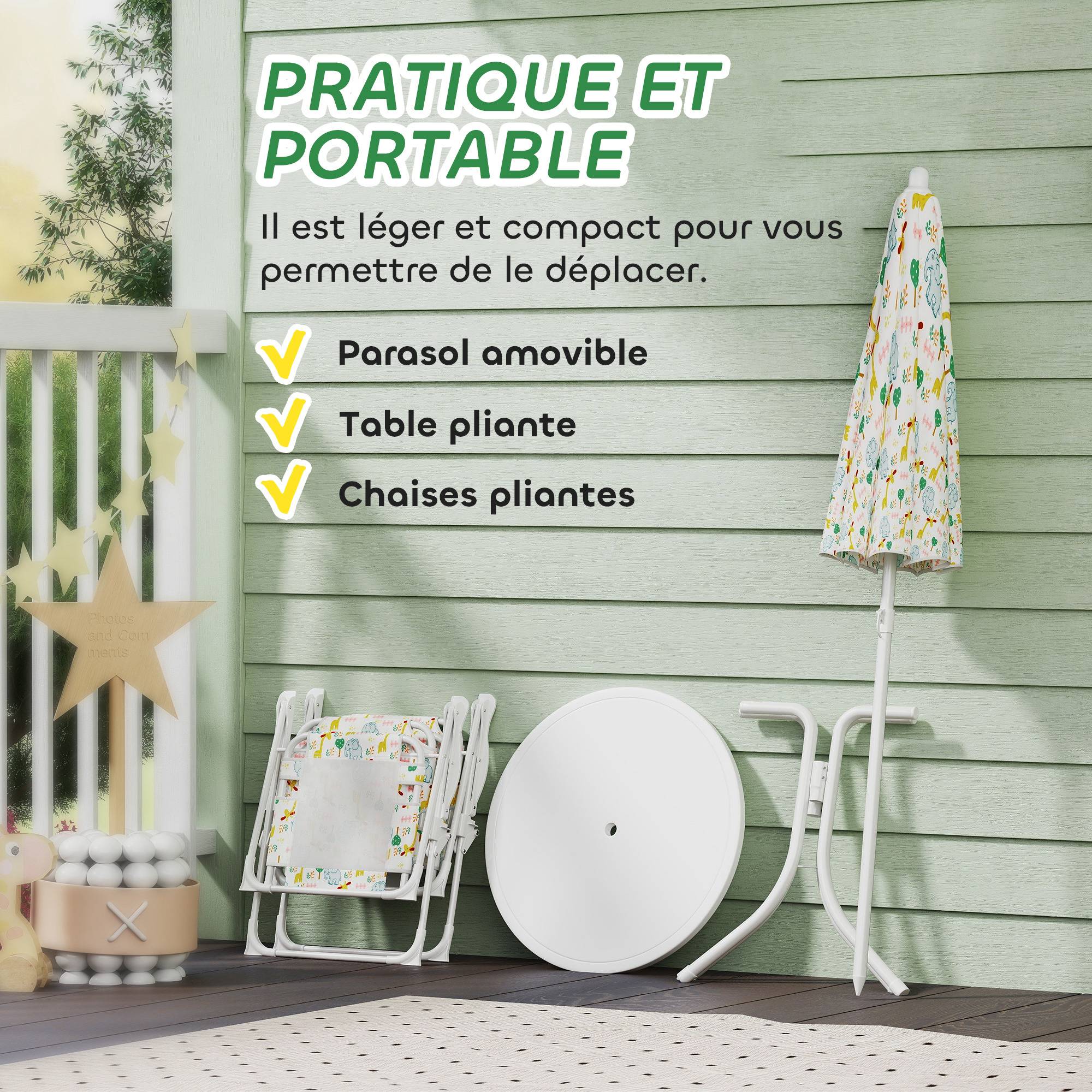 Ensemble salon de jardin extérieur enfant 4 pièces, motif éléphant et girafe, parasol réglable Ø 100 cm, chaise pliable - Image 8