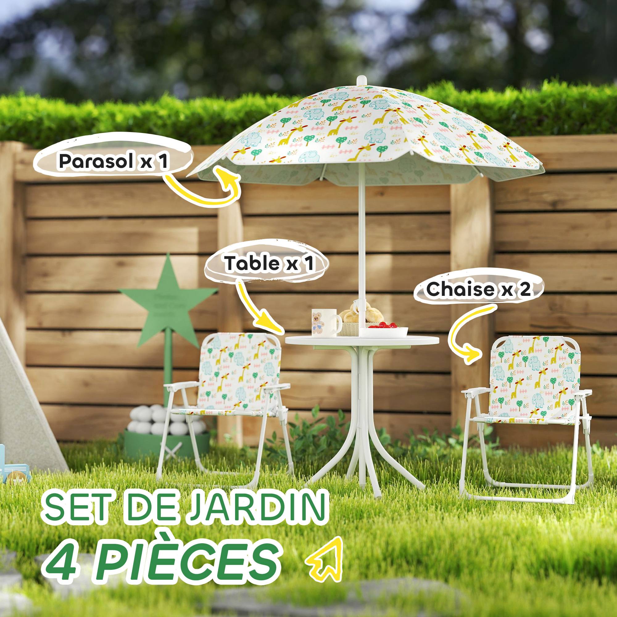 Ensemble salon de jardin extérieur enfant 4 pièces, motif éléphant et girafe, parasol réglable Ø 100 cm, chaise pliable - Image 6
