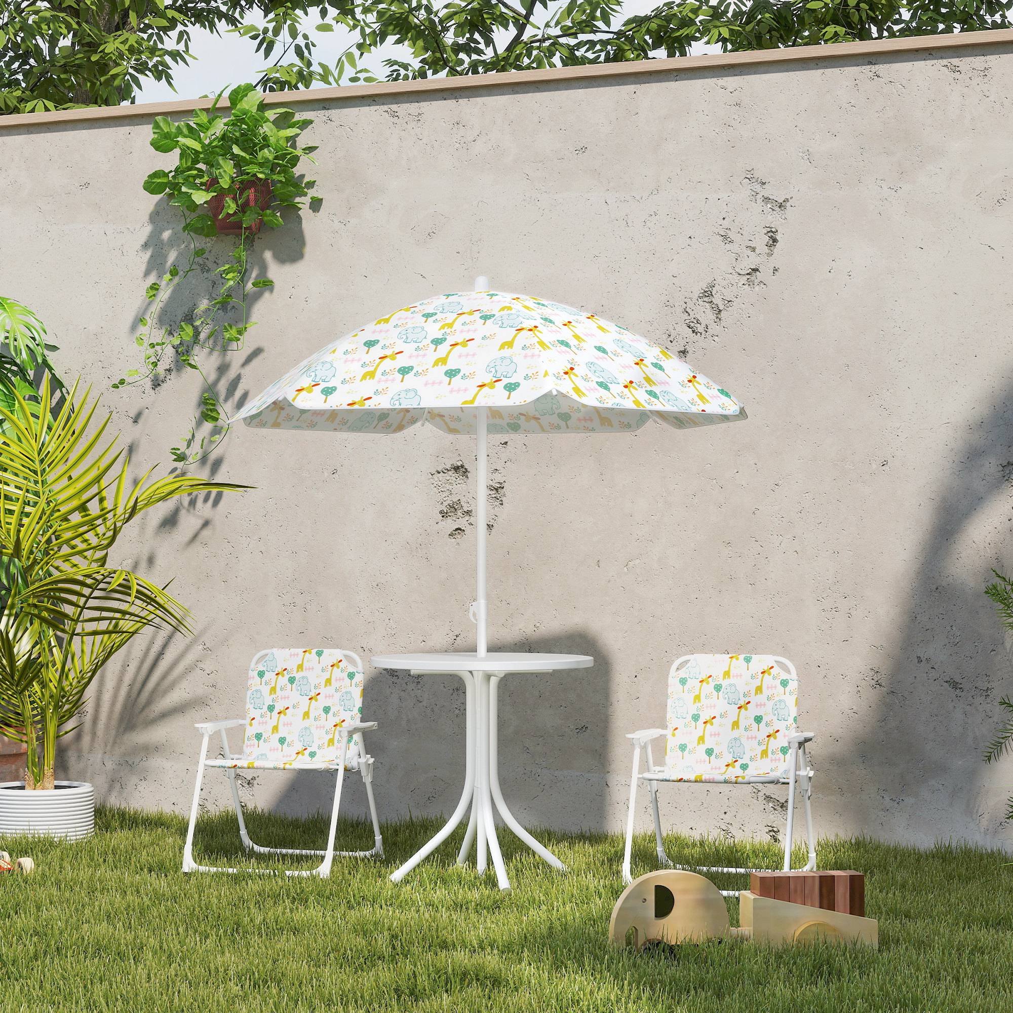 Ensemble salon de jardin extérieur enfant 4 pièces, motif éléphant et girafe, parasol réglable Ø 100 cm, chaise pliable - Image 4