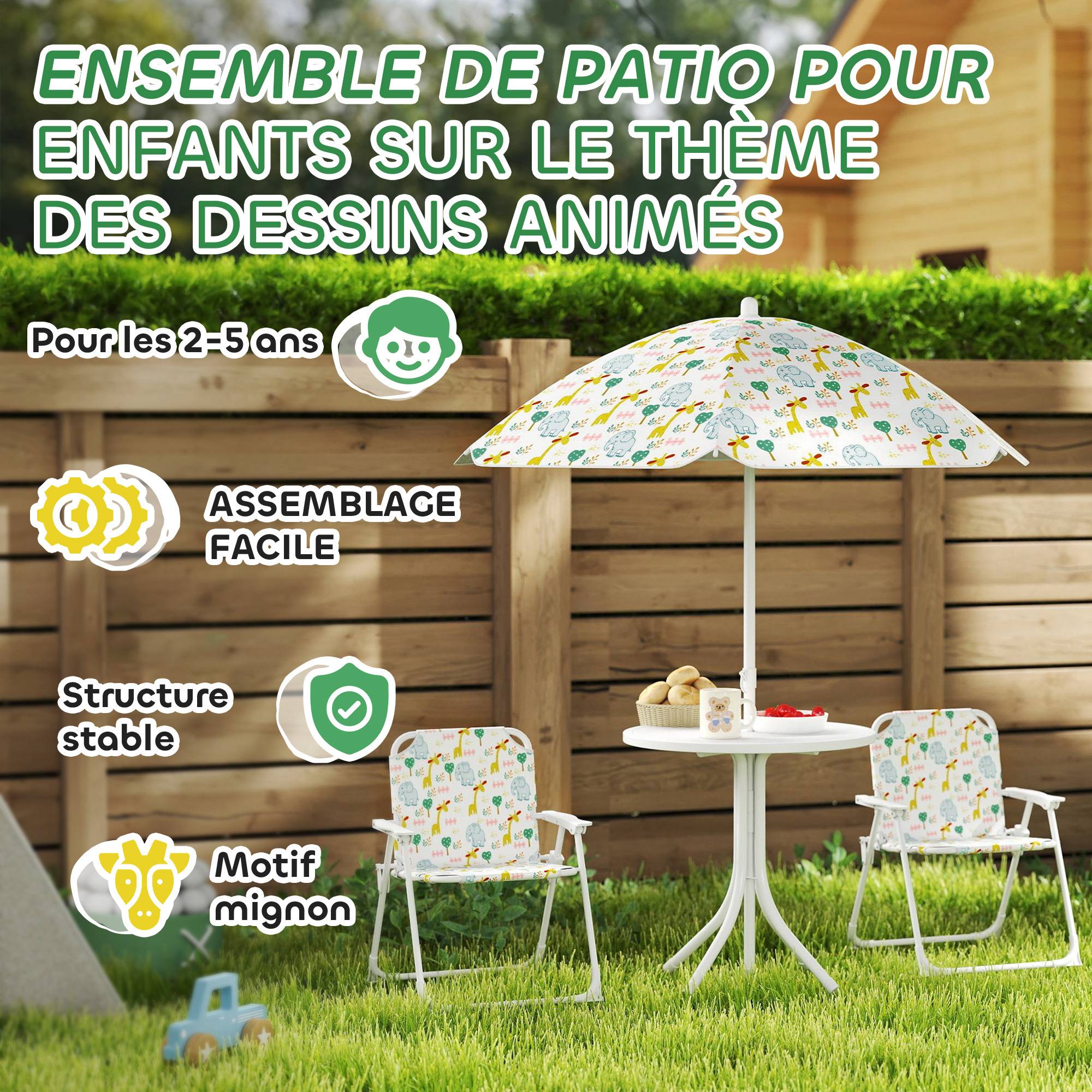 Ensemble salon de jardin extérieur enfant 4 pièces, motif éléphant et girafe, parasol réglable Ø 100 cm, chaise pliable - Image 9