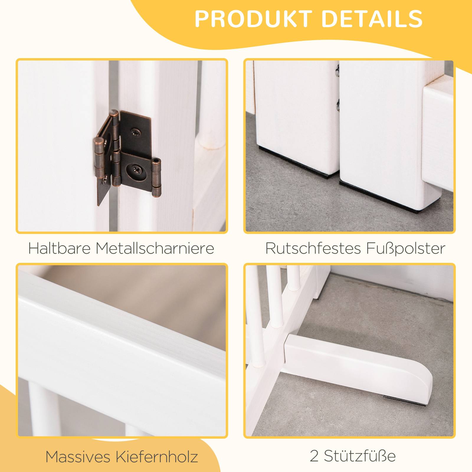 Barrière pour chien autoportante avec pieds 204 x 75 cm, bois, escaliers, portes, cuisine, 4 panneaux, blanc - Image 8