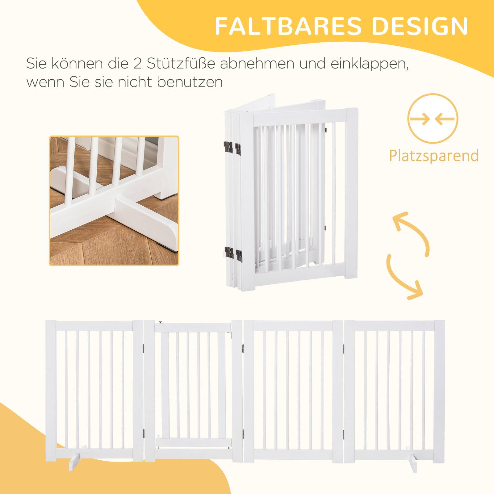Barrière pour chien autoportante avec pieds 204 x 75 cm, bois, escaliers, portes, cuisine, 4 panneaux, blanc - Image 6