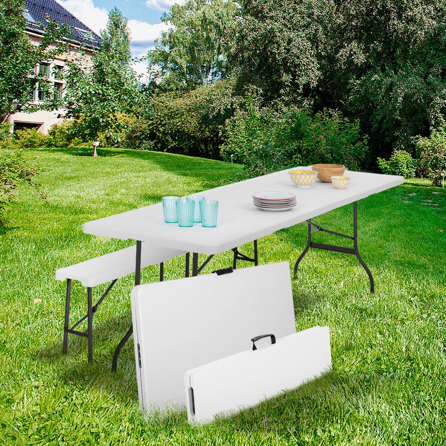 Table pliante d'appoint portable 180 cm et 2 bancs pliables pour camping ou réception - Image 3