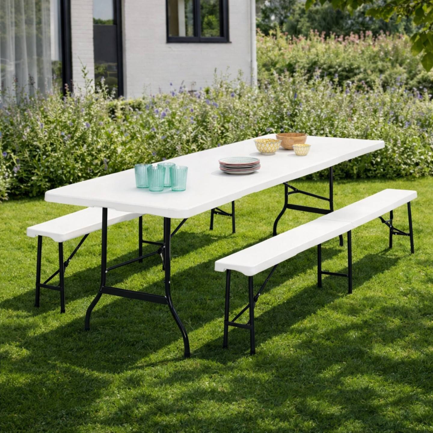Table pliante d'appoint portable 180 cm et 2 bancs pliables pour camping ou réception - Image 1