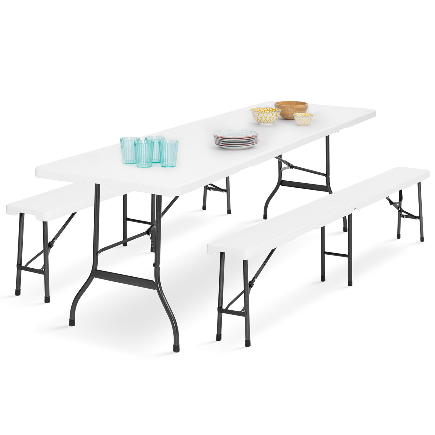 Table pliante d'appoint portable 180 cm et 2 bancs pliables pour camping ou réception - Image 2