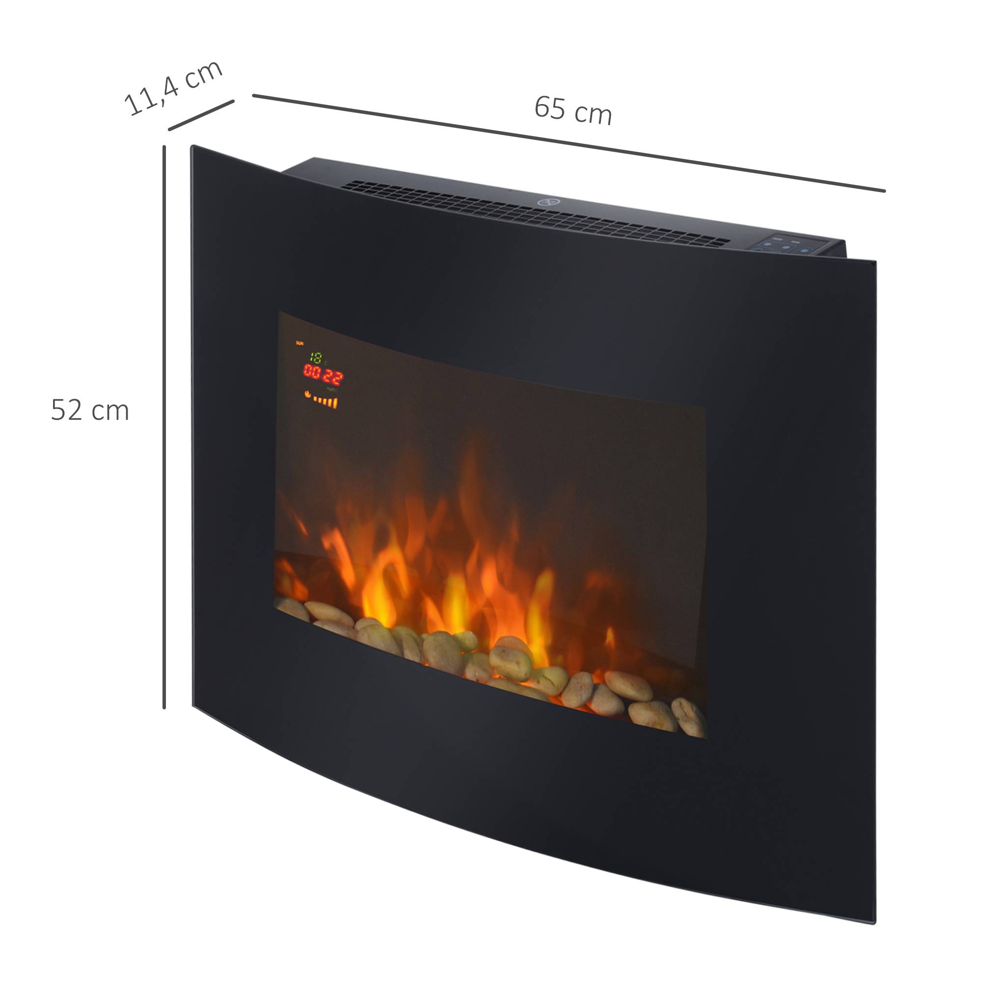 Cheminée électrique 900W/1800W murale, température réglable, flammes atmosphériques, télécommande 25-30 m² 65x11,4x52 cm noir - Image 5
