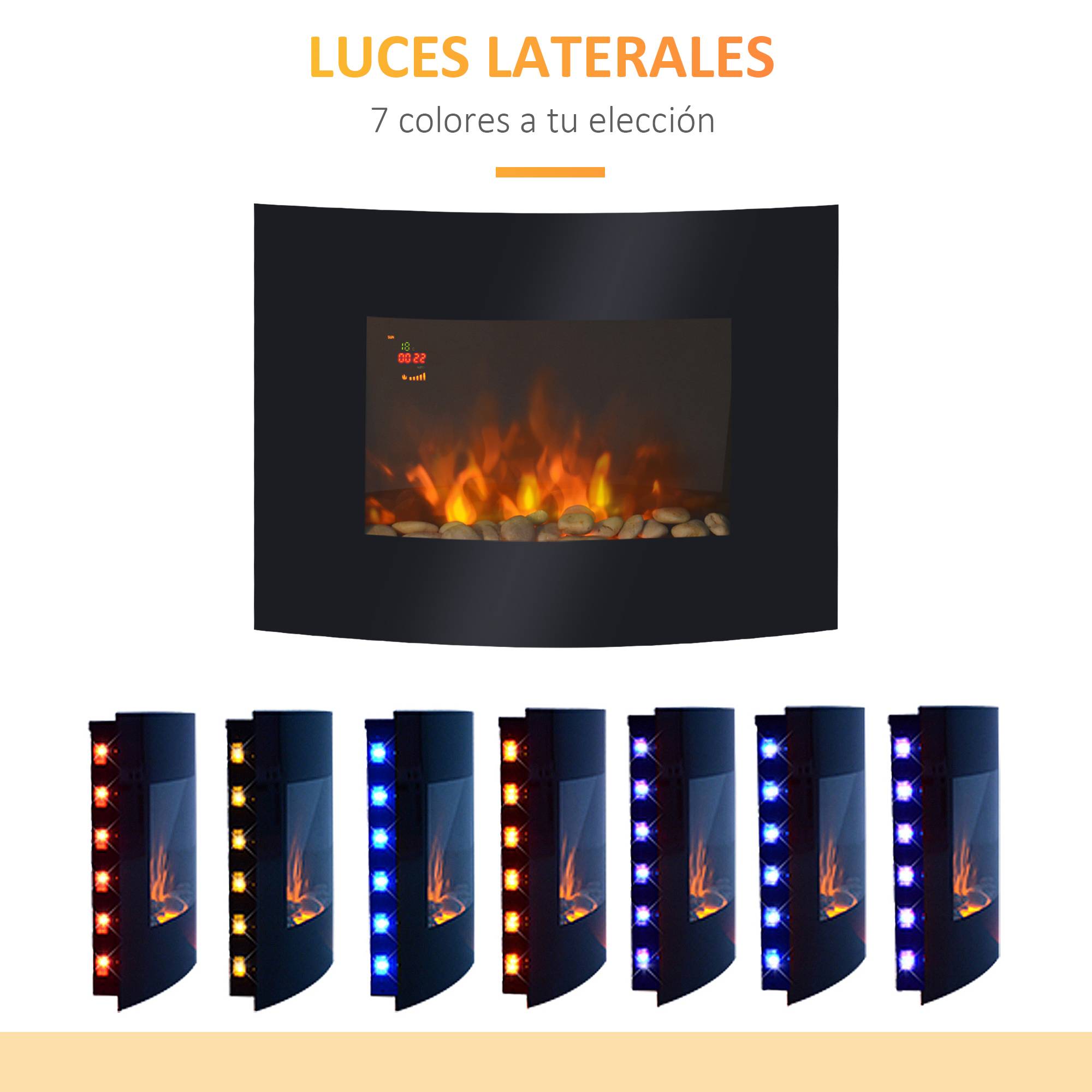 Cheminée électrique 900W/1800W murale, température réglable, flammes atmosphériques, télécommande 25-30 m² 65x11,4x52 cm noir - Image 9