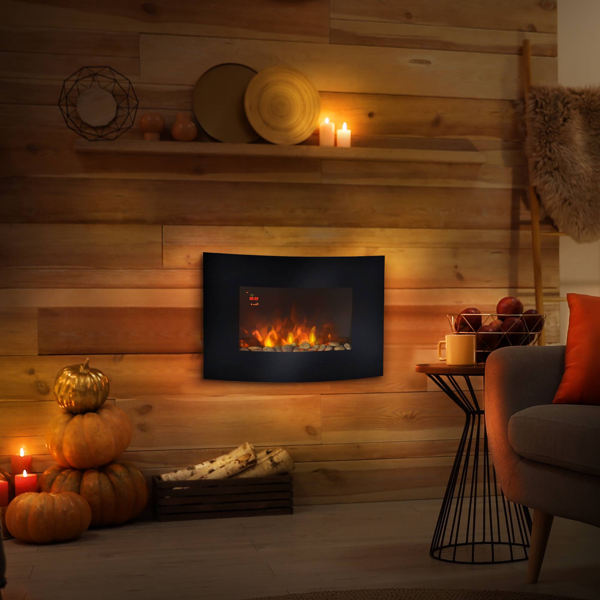 Cheminée électrique 900W/1800W murale, température réglable, flammes atmosphériques, télécommande 25-30 m² 65x11,4x52 cm noir - Image 3