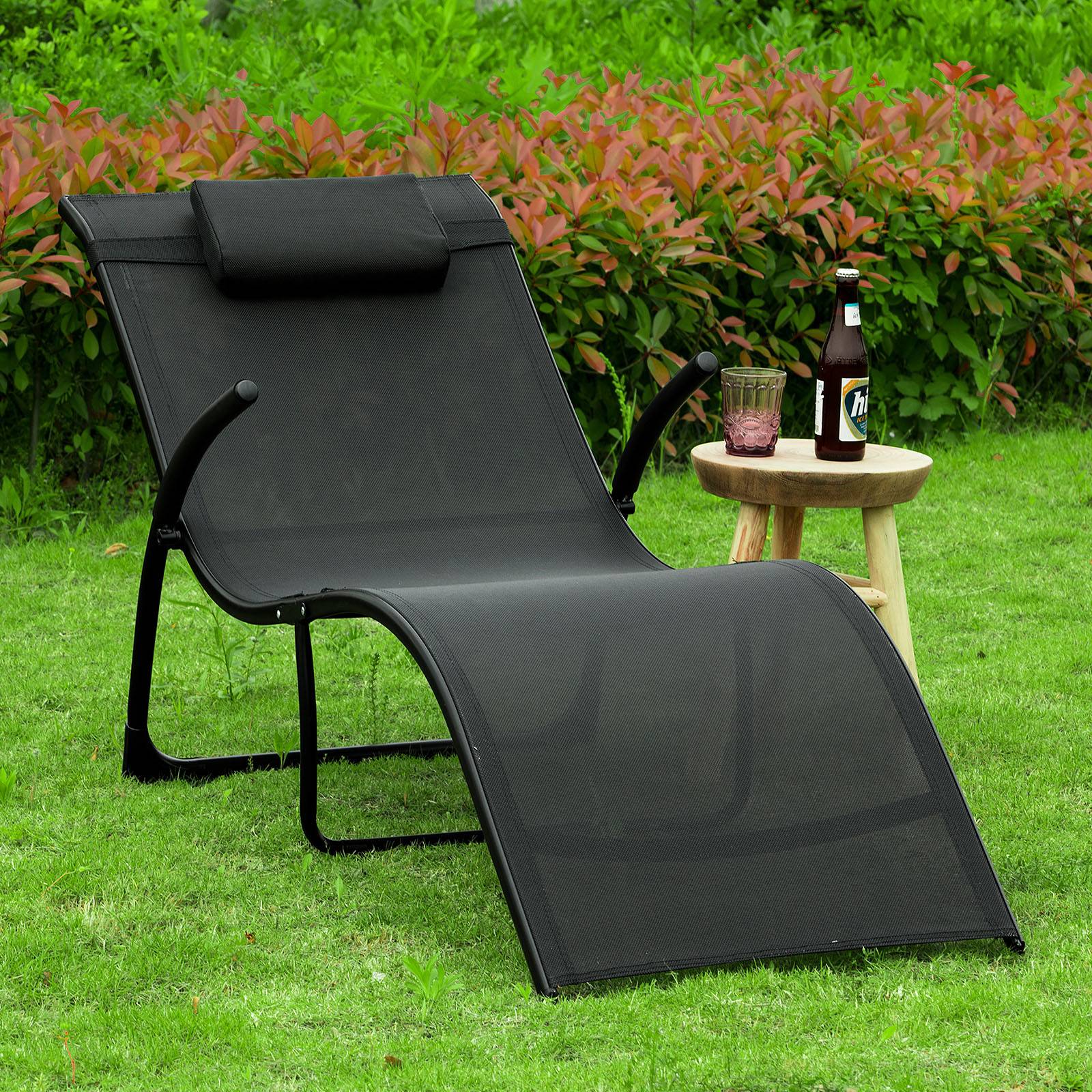 Bain de Soleil Transat de Jardin Pliable Noir L.173 x l.60 x H.69 cm SoBuy - Image 2