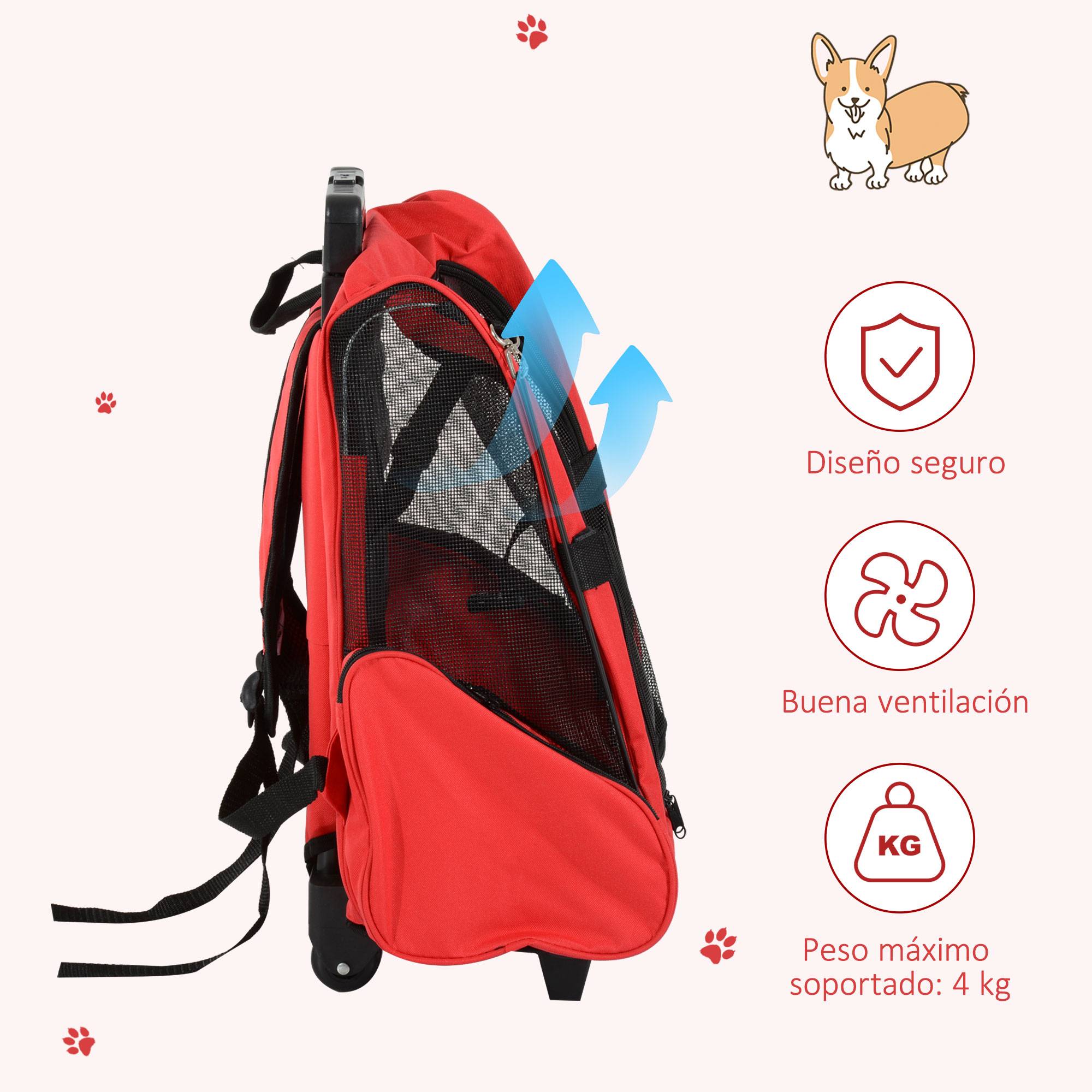 Sac à dos chariot transport chien chat tissu Oxford pour voyage 42x25x55 cm Rouge - ComfortXL Outdoor Living - Image 8