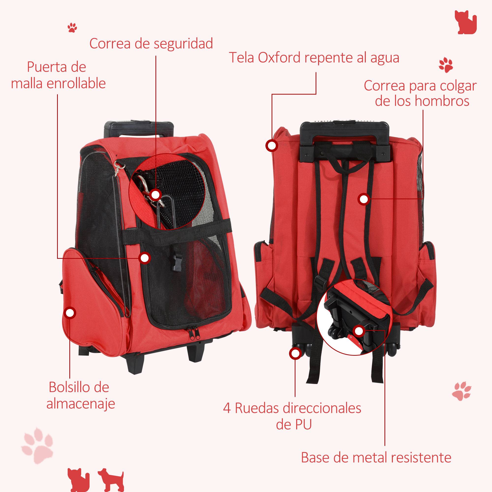 Sac à dos chariot transport chien chat tissu Oxford pour voyage 42x25x55 cm Rouge - ComfortXL Outdoor Living - Image 9