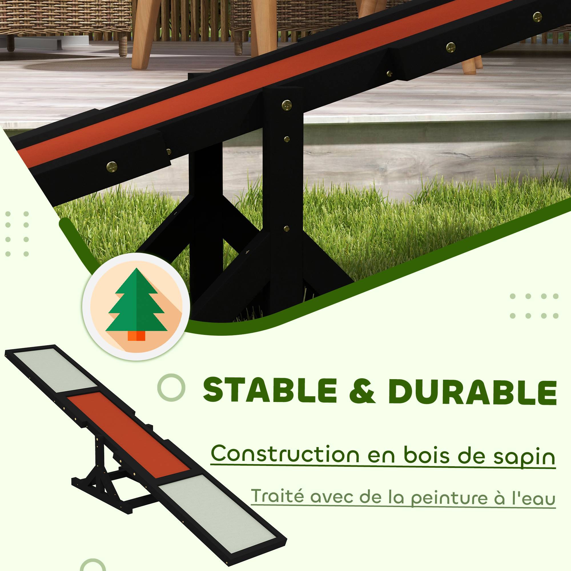 Bascule d'agilité pour chien bois de sapins gris noir 180 x 30 x 30 cm - PANGIVO - Image 6