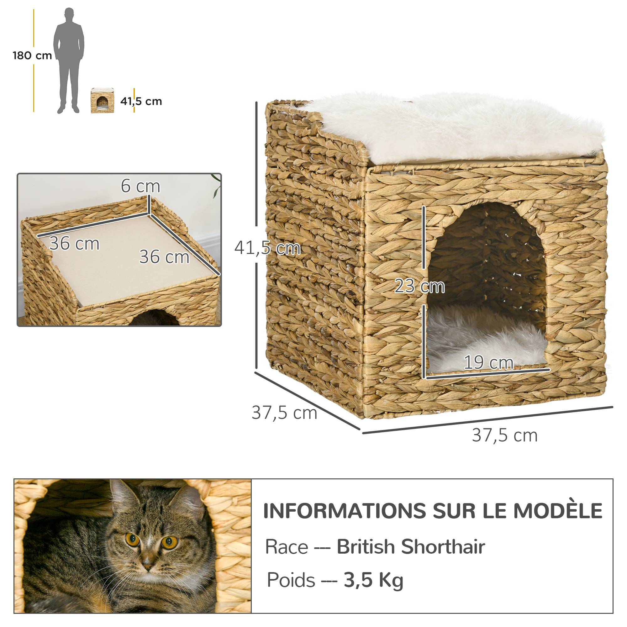 Sans Marque - Niche pour chat 2 niveaux avec 2 coussins en jacinthe d'eau - 37,5 x 37,5 x 41,5 cm marron crème - Image 5