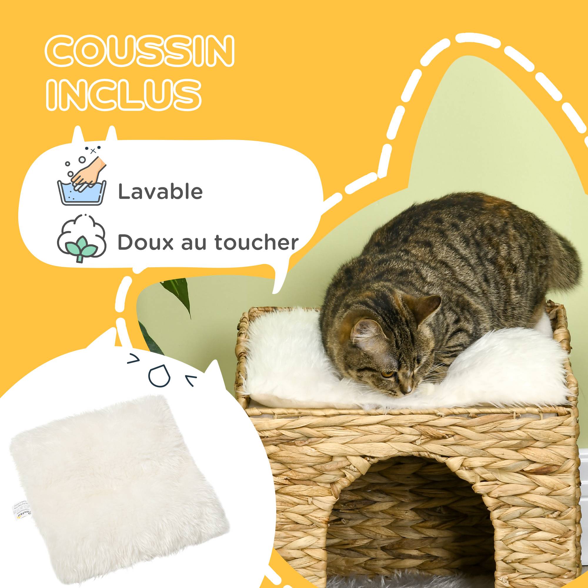 Sans Marque - Niche pour chat 2 niveaux avec 2 coussins en jacinthe d'eau - 37,5 x 37,5 x 41,5 cm marron crème - Image 8