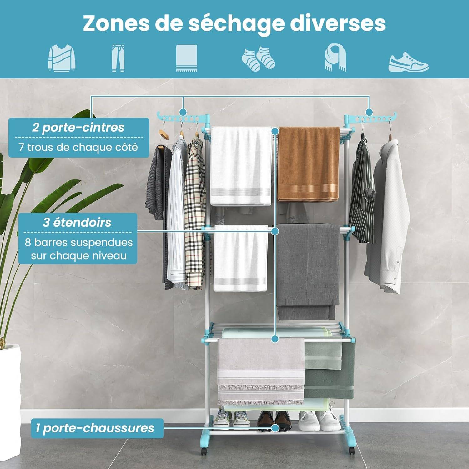 Sechoir à Linge Pliable 3 Niveaux, Étendoir Linge à roulettes en Métal, Porte-Chaussures - Image 2