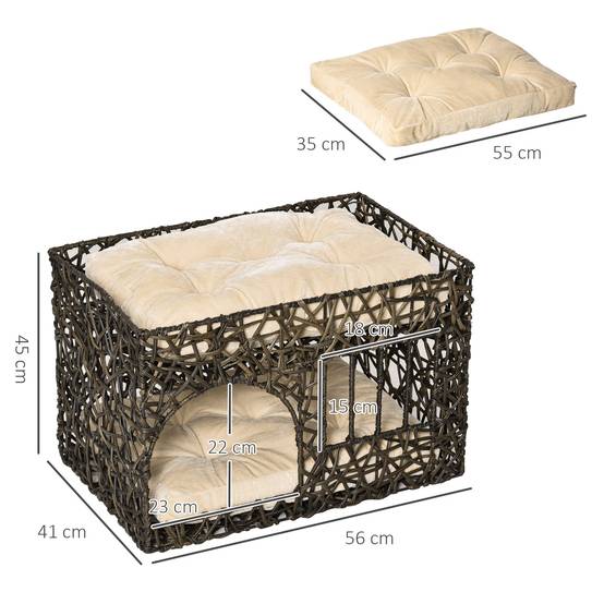 Panier Niche Chat Double Étage en Rotin PE avec 2 Coussins Doux Repos Intérieur Café Foncé - ComfortXL Outdoor Living - Image 4