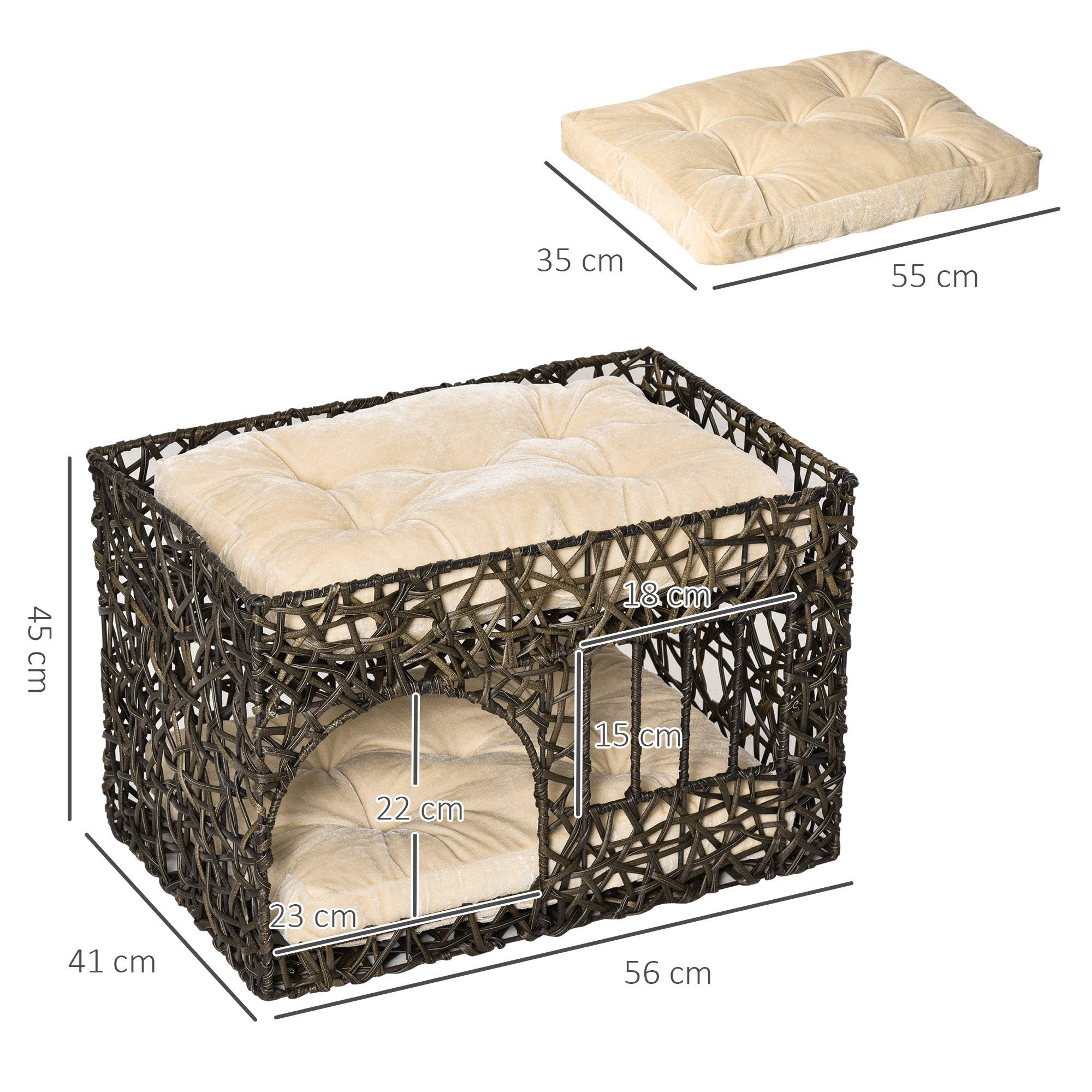 Panier Niche Chat Double Étage en Rotin PE avec 2 Coussins Doux Repos Intérieur Café Foncé - ComfortXL Outdoor Living - Image 4