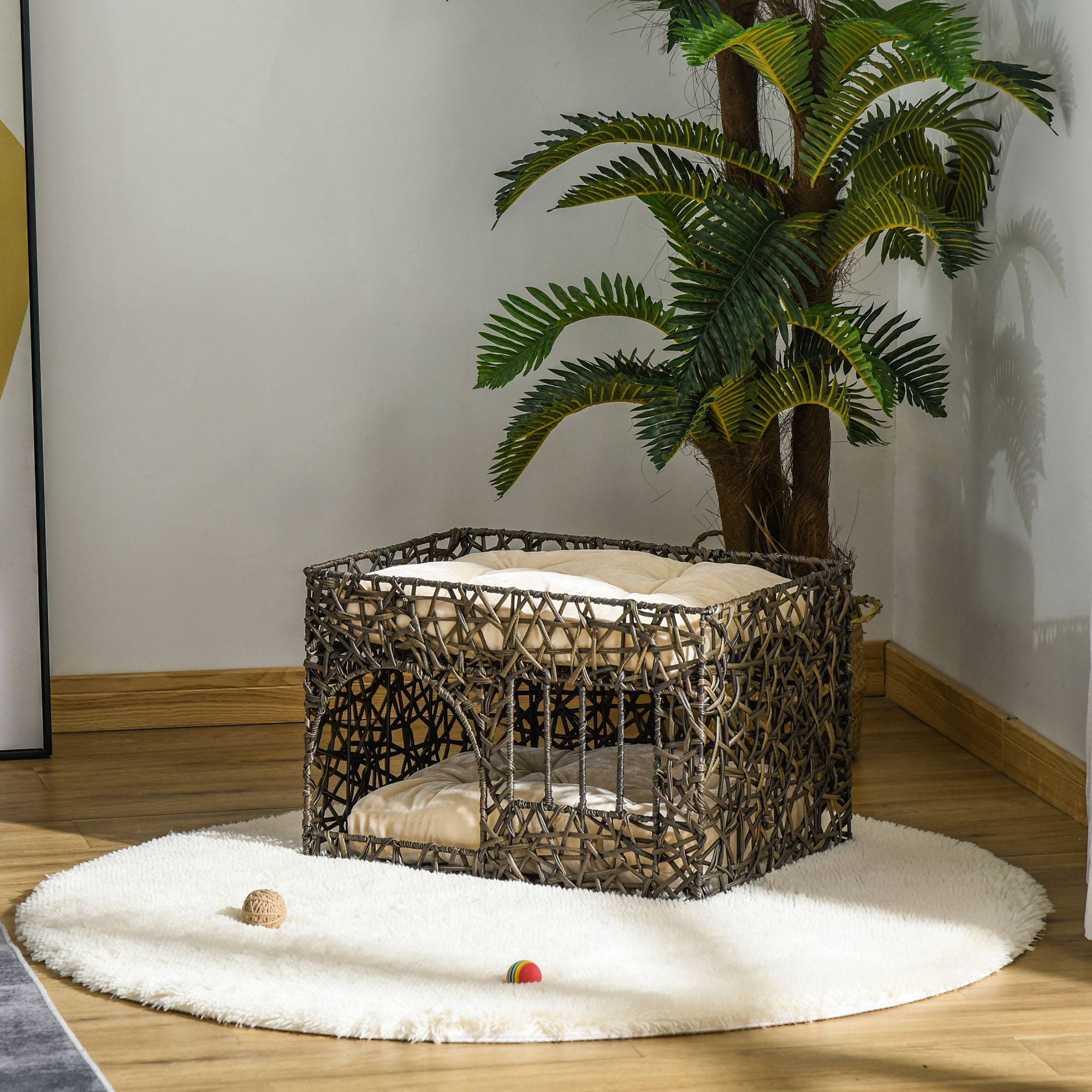 Panier Niche Chat Double Étage en Rotin PE avec 2 Coussins Doux Repos Intérieur Café Foncé - ComfortXL Outdoor Living - Image 3