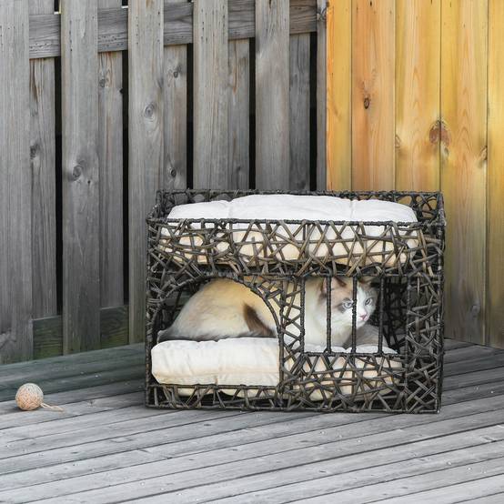 Panier Niche Chat Double Étage en Rotin PE avec 2 Coussins Doux Repos Intérieur Café Foncé - ComfortXL Outdoor Living - Image 2