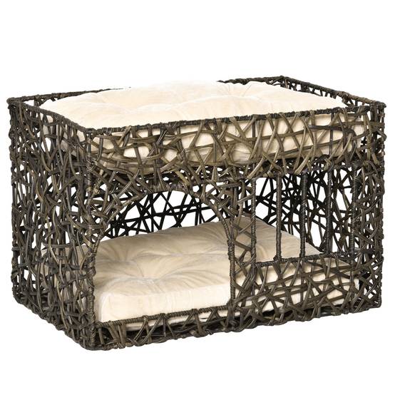 Panier Niche Chat Double Étage en Rotin PE avec 2 Coussins Doux Repos Intérieur Café Foncé - ComfortXL Outdoor Living - Image 8