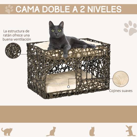 Panier Niche Chat Double Étage en Rotin PE avec 2 Coussins Doux Repos Intérieur Café Foncé - ComfortXL Outdoor Living - Image 5