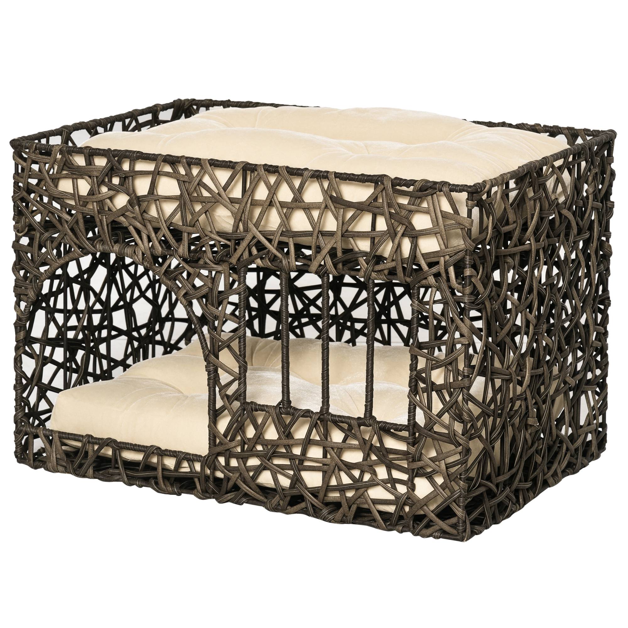 Panier Niche Chat Double Étage en Rotin PE avec 2 Coussins Doux Repos Intérieur Café Foncé - ComfortXL Outdoor Living - Image 1
