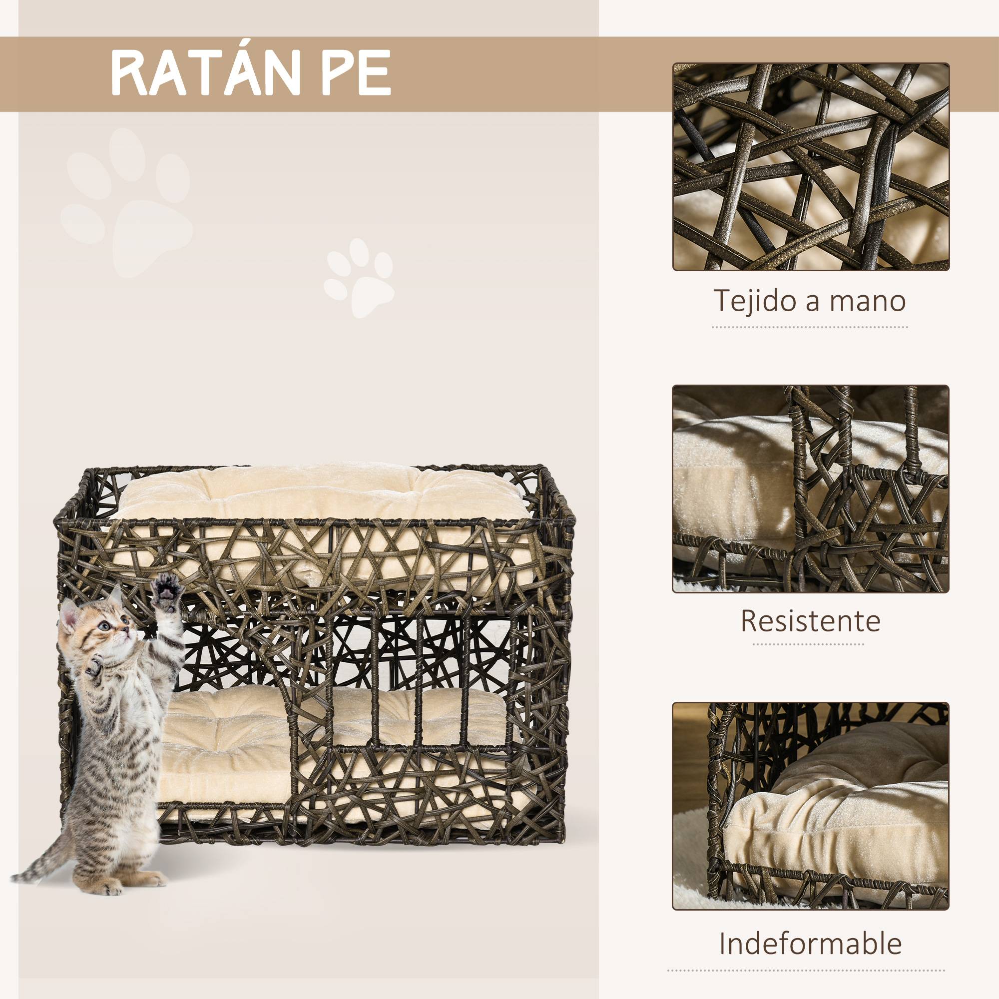 Panier Niche Chat Double Étage en Rotin PE avec 2 Coussins Doux Repos Intérieur Café Foncé - ComfortXL Outdoor Living - Image 6