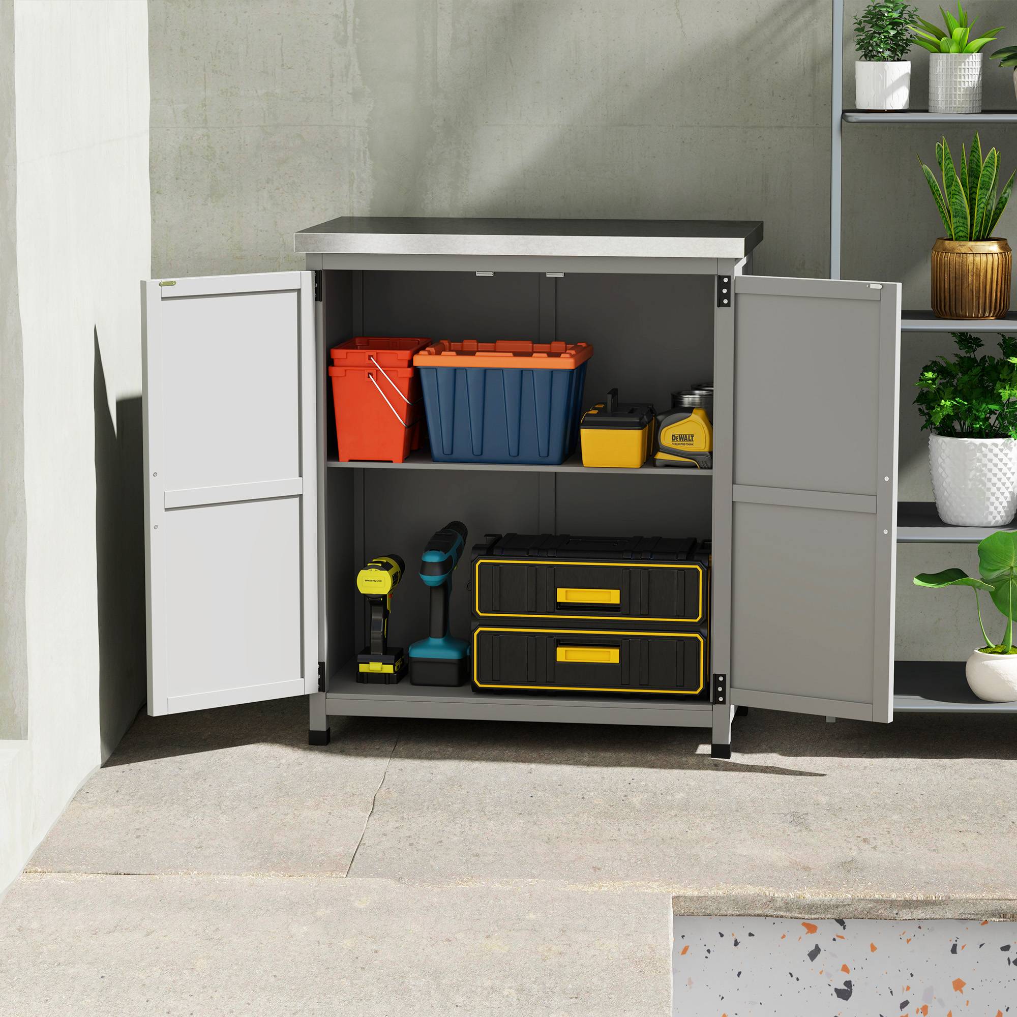Outsunny - Armoire de jardin en Bois Extérieur -  - Outsunny  - avec Plan de Travail en acier galvanisé  - étagère  - Double Porte  - gris - Outsunny - Image 4