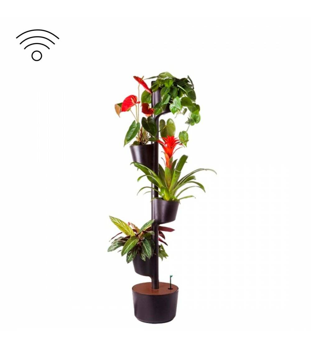 Jardinière verticale CitySens noire et bois teck avec 4 pots et arrosage automatique Wi-Fi - Image 1