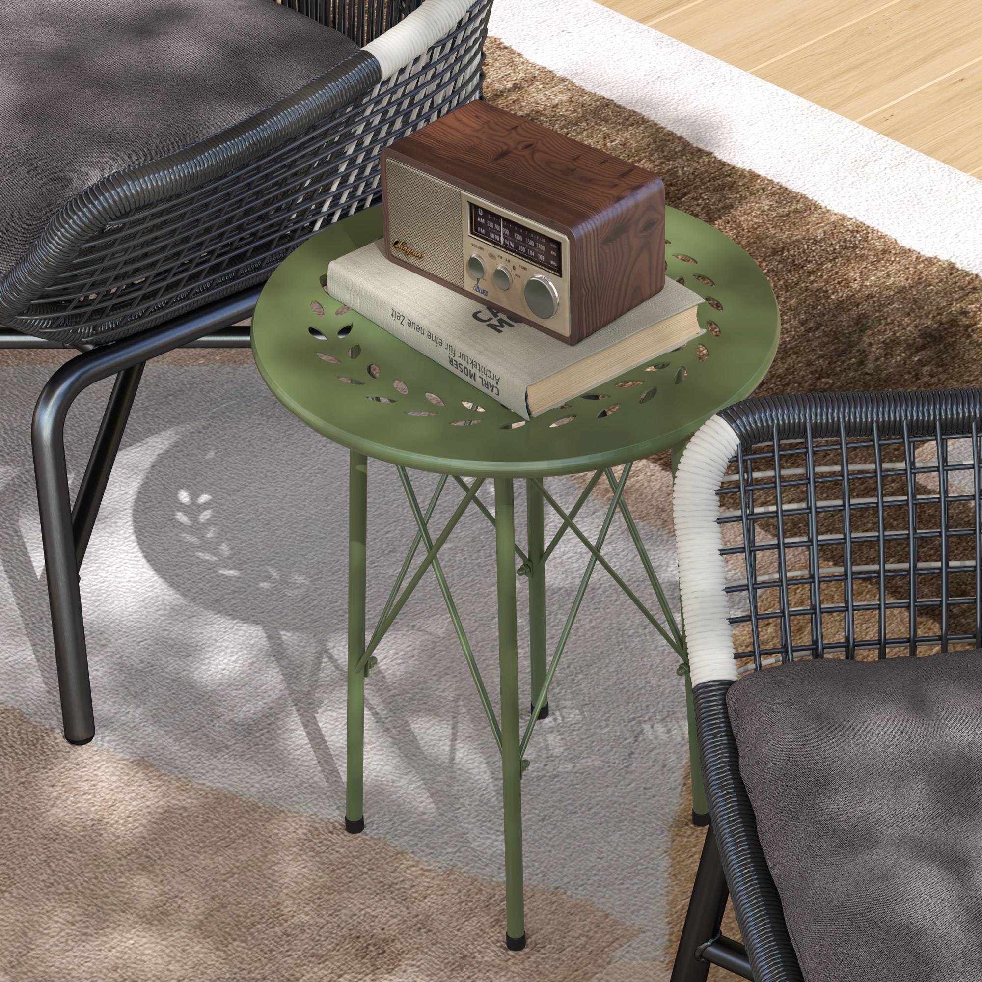 Petite table d'appoint ronde, table de jardin, avec découpe en forme de fleur et feuilles, en acier, Ø 40 x 50 cm, vert - Image 10