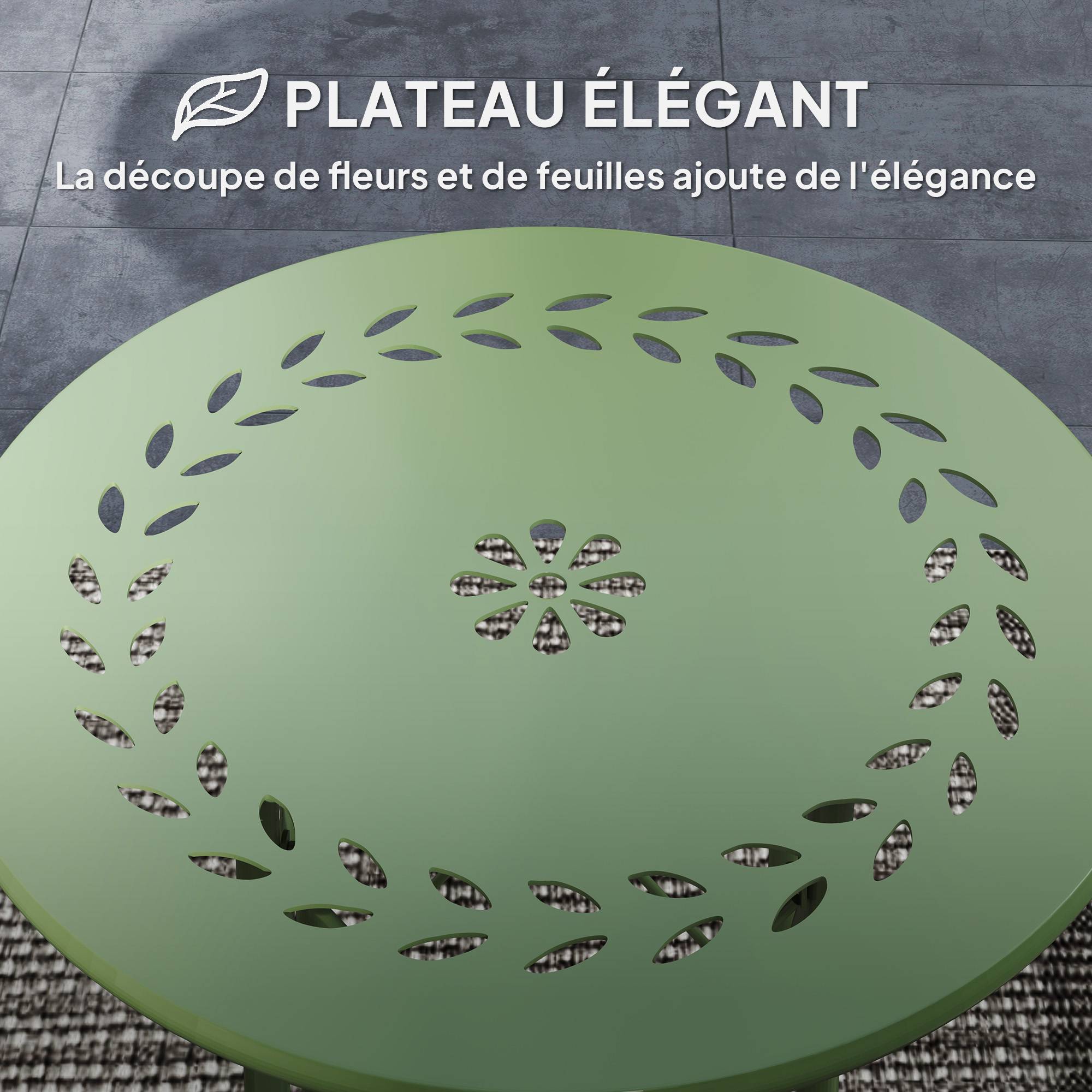Petite table d'appoint ronde, table de jardin, avec découpe en forme de fleur et feuilles, en acier, Ø 40 x 50 cm, vert - Image 6