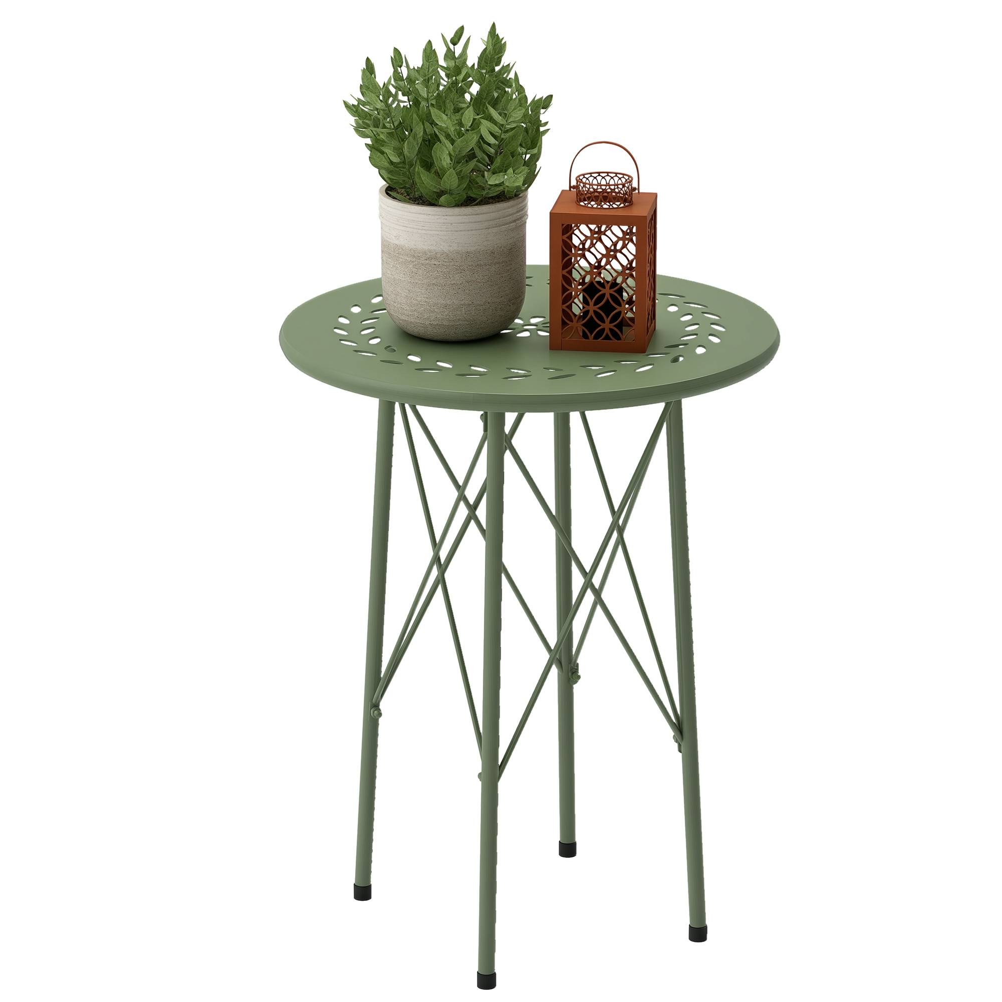 Petite table d'appoint ronde, table de jardin, avec découpe en forme de fleur et feuilles, en acier, Ø 40 x 50 cm, vert - Image 1