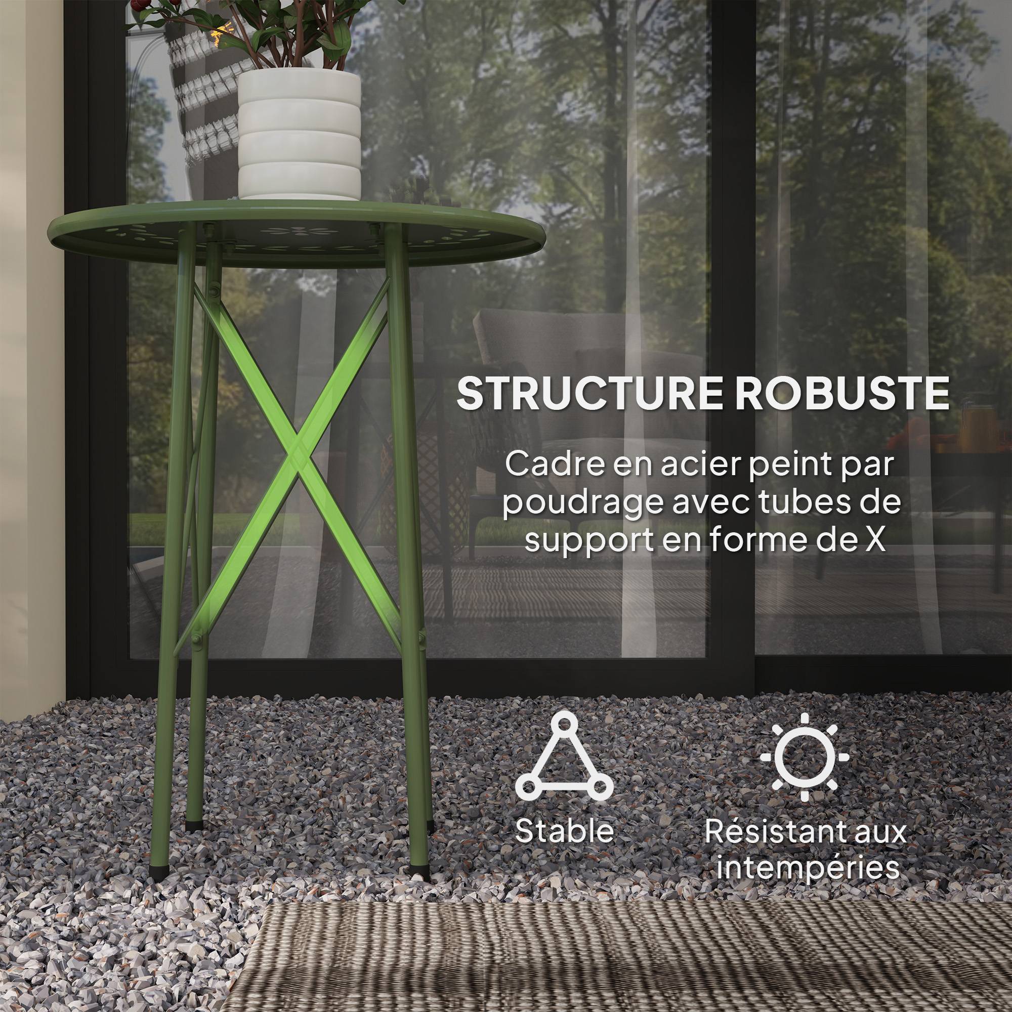 Petite table d'appoint ronde, table de jardin, avec découpe en forme de fleur et feuilles, en acier, Ø 40 x 50 cm, vert - Image 7