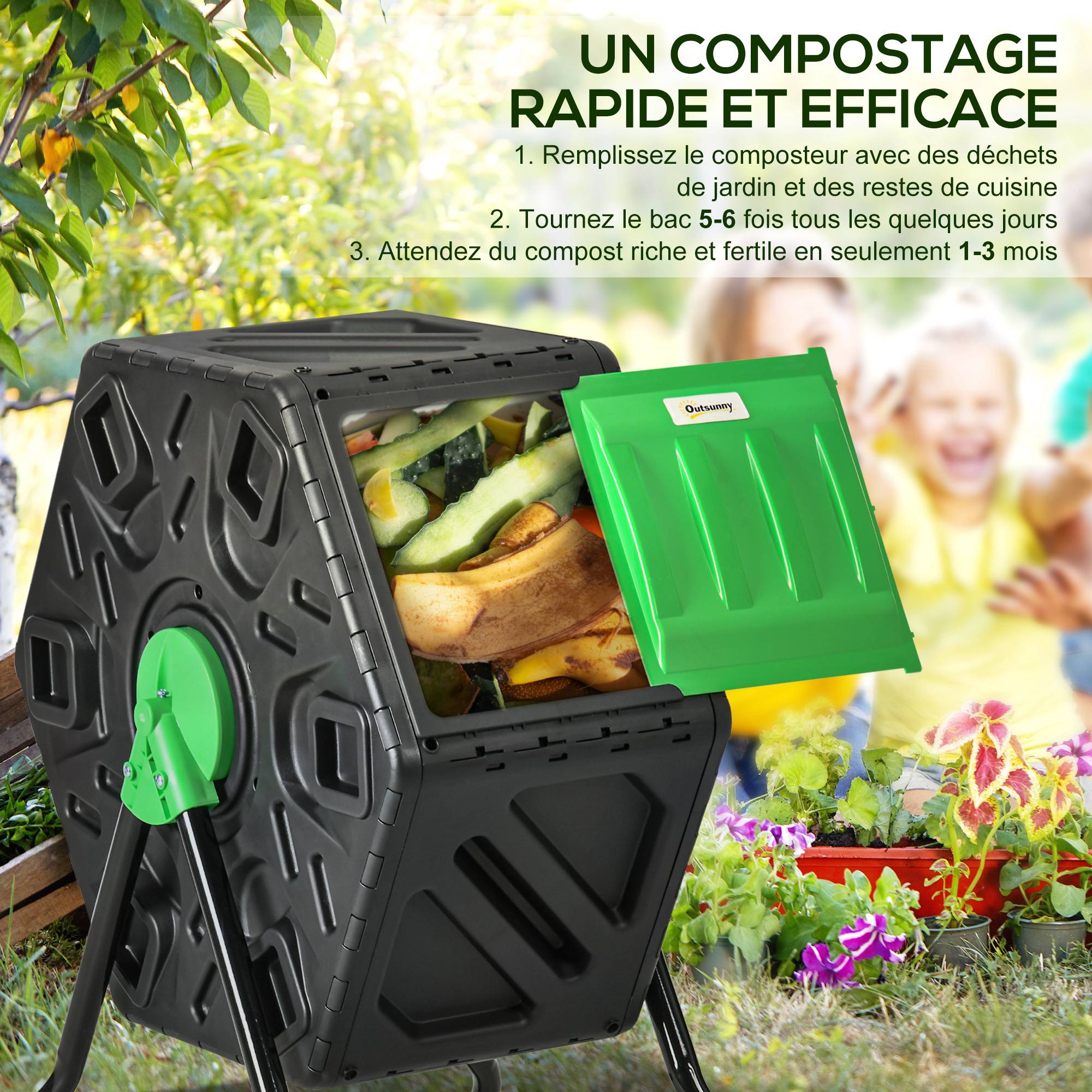 ComfortXL - Composteur rotatif polypropylène noir 130 L 60 x 49 x 77 cm jardin aéré 360° - ComfortXL Outdoor Living - Image 5