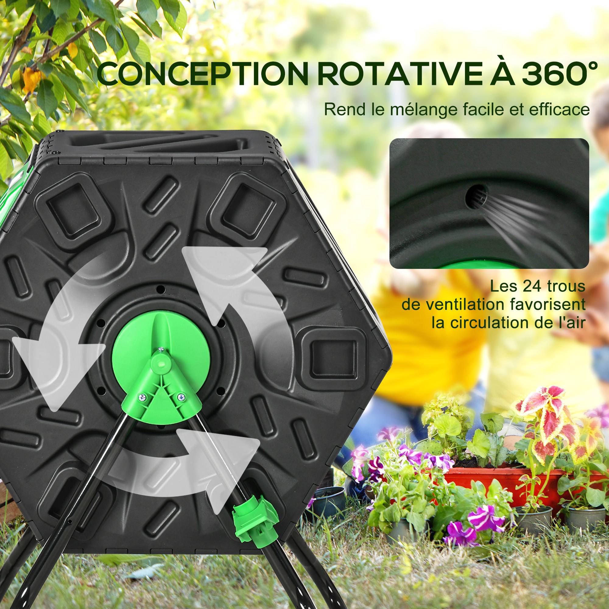 ComfortXL - Composteur rotatif polypropylène noir 130 L 60 x 49 x 77 cm jardin aéré 360° - ComfortXL Outdoor Living - Image 6