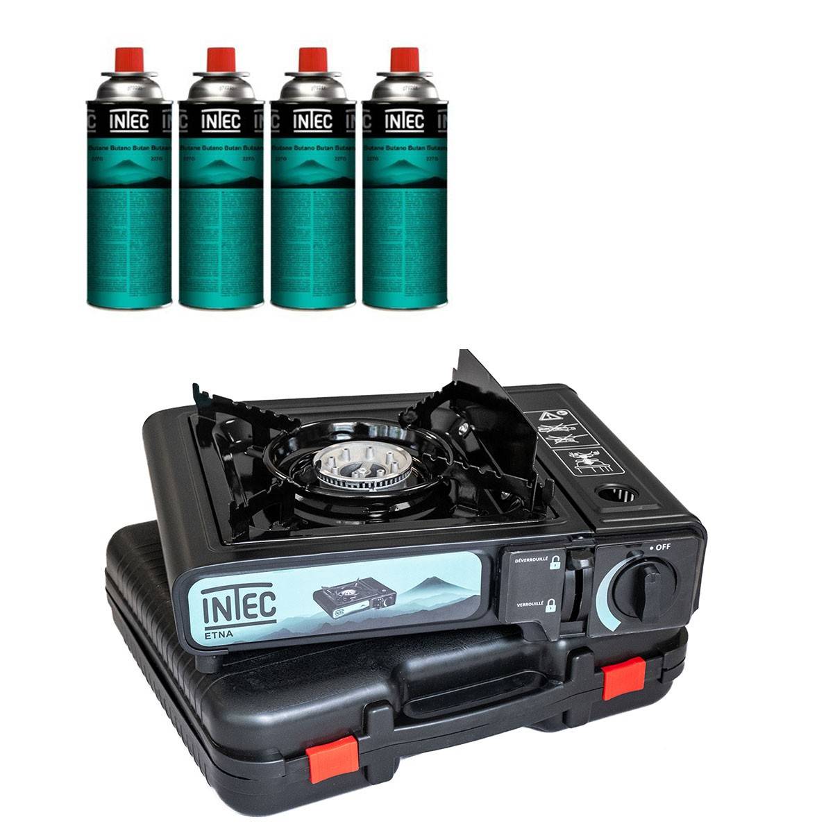 Réchaud à gaz 2200W + 4 Cartouches gaz butane Camping Road trips Piezo Mallette Etna INTEC - Image 1