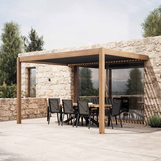 Oviala - Pergola bioclimatique adossée et motorisée éclairée 3x4m bois Thebes - Oviala - Image 1