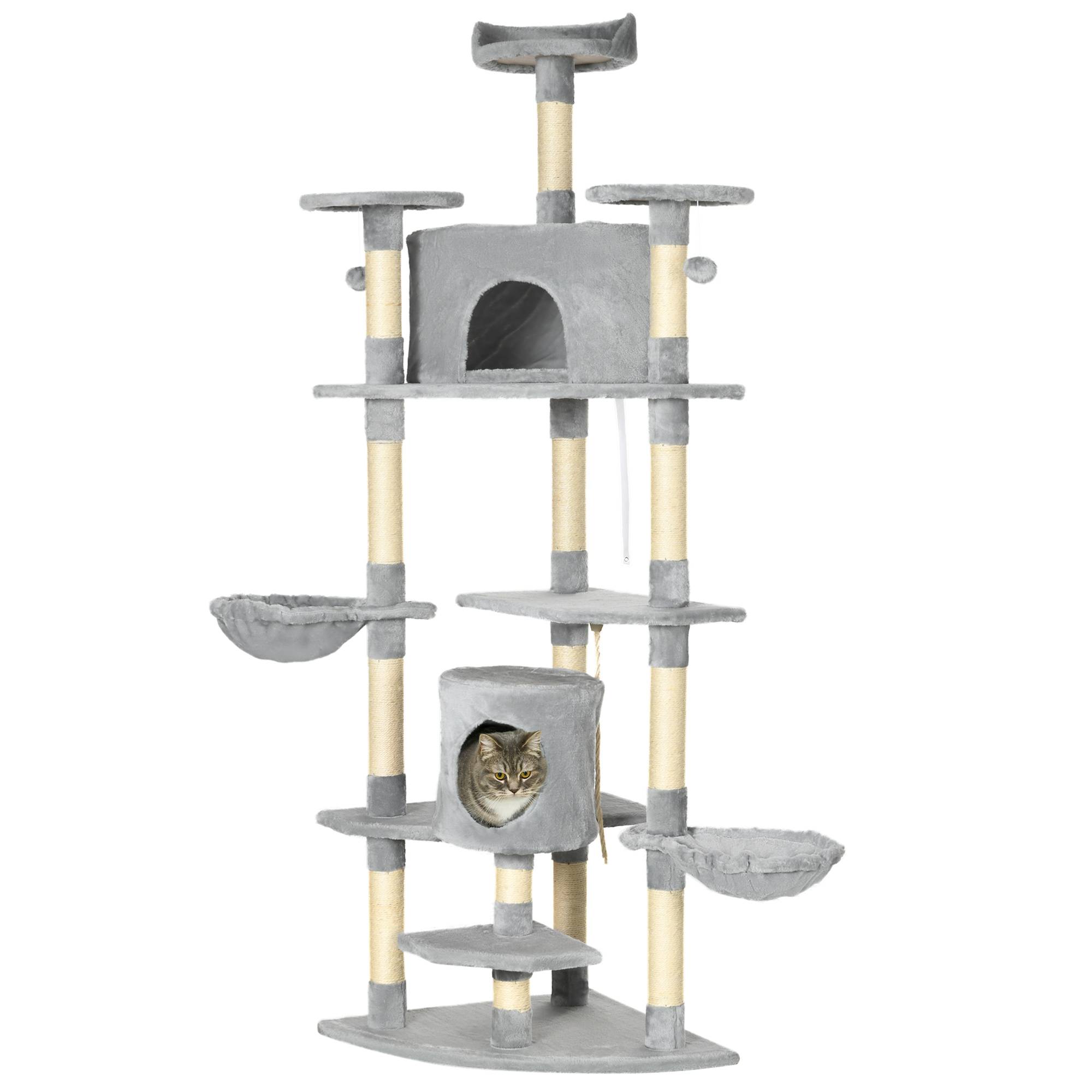 Arbre à chat XXL de 200 cm avec niches et hamacs, robuste pour les grands chats, gris clair - Image 1