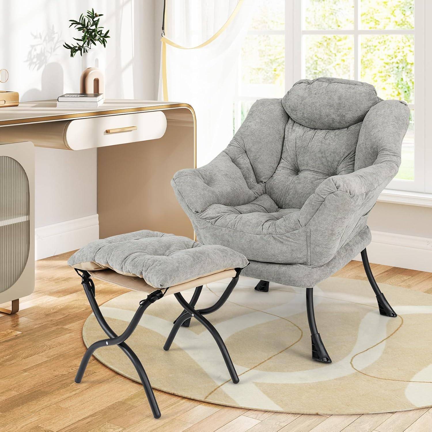 COSTWAY Fauteuil de Salon avec Tabouret et Oreiller Lombaire, Fauteuil en Velours Hollandais, Dossier et Accoudoirs Tissés, Siège 54 x 57 cm, Gris