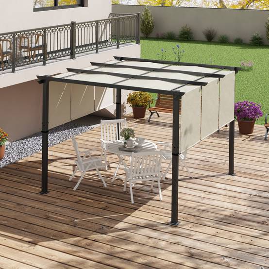 Outsunny - Pergola avec 3 toiles coulissantes - 3 x 3 x 2,38 m - structure acier noir toile polyester haute densité - beige - Outsunny - Image 4