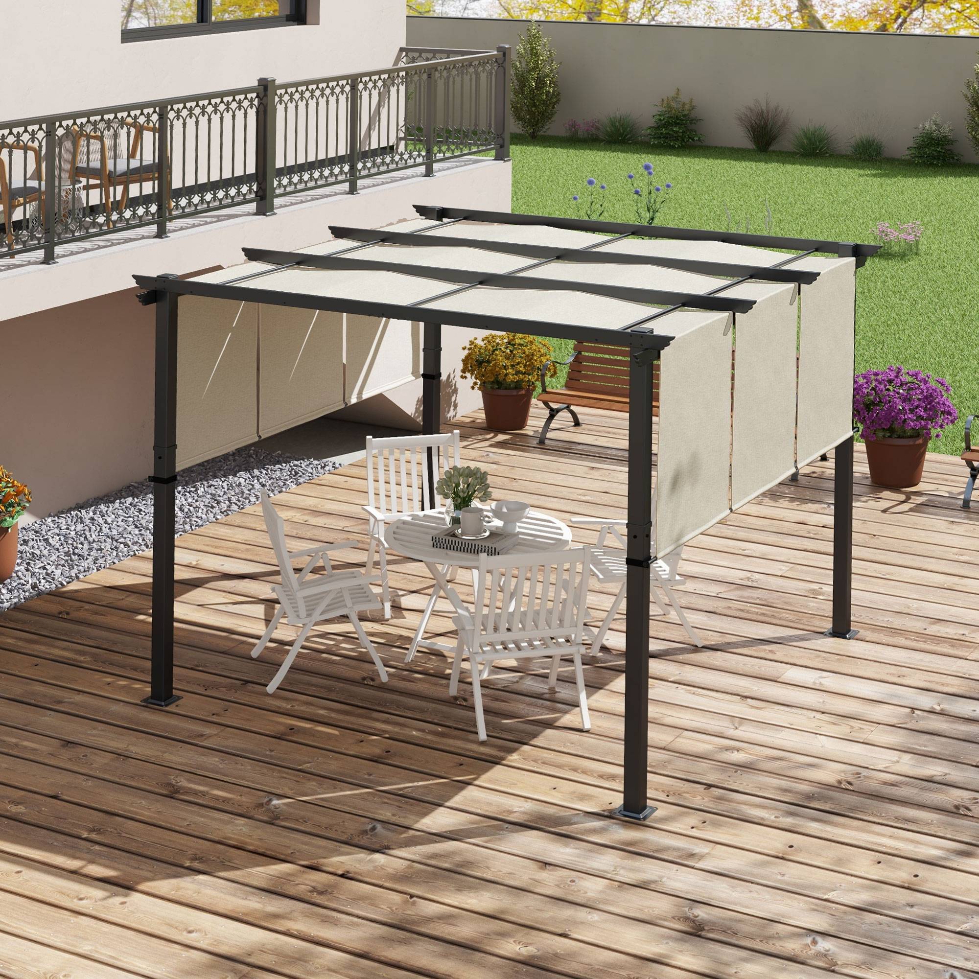 Outsunny - Pergola avec 3 toiles coulissantes  - 3 x 3 x 2,38 m  - structure acier noir toile polyester haute densité  - beige - Outsunny - Image 4