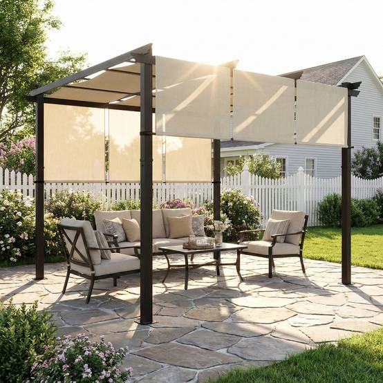 Outsunny - Pergola avec 3 toiles coulissantes - 3 x 3 x 2,38 m - structure acier noir toile polyester haute densité - beige - Outsunny - Image 6